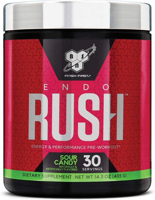 BSN Endorush Pre Workout Powder - Energy Supplement with 300mg Caffeine, Beta-Alanine, Creatine - Sour Candy Flavor, 30 Servings