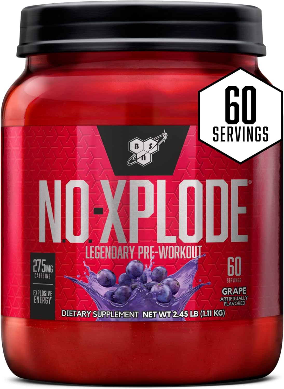 BSN N.O.-XPLODE Grape Pre Workout Powder for Energy, Men and Women, Creatine, Beta-Alanine, 60 Servings