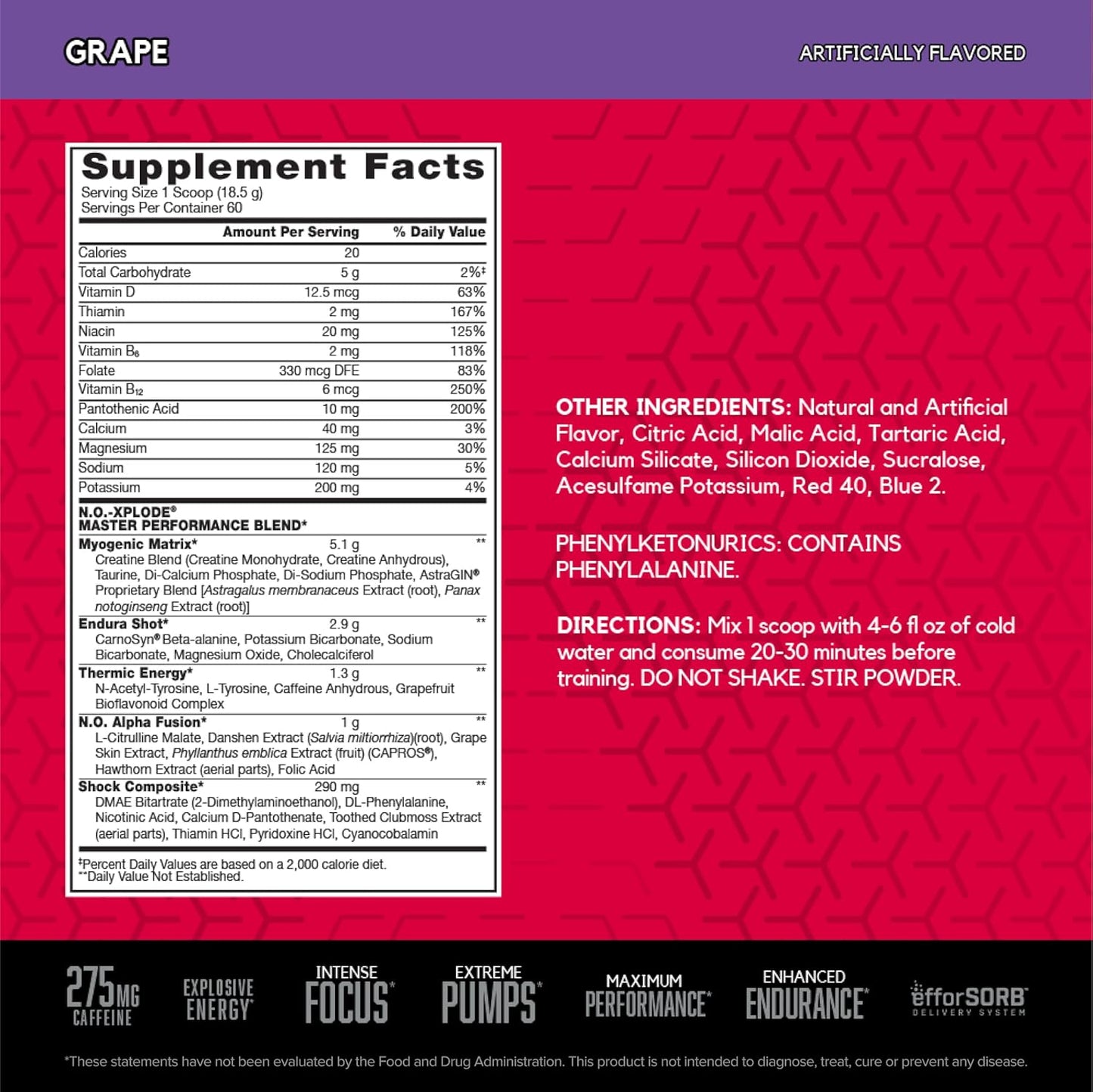 BSN N.O.-XPLODE Grape Pre Workout Powder for Energy, Men and Women, Creatine, Beta-Alanine, 60 Servings