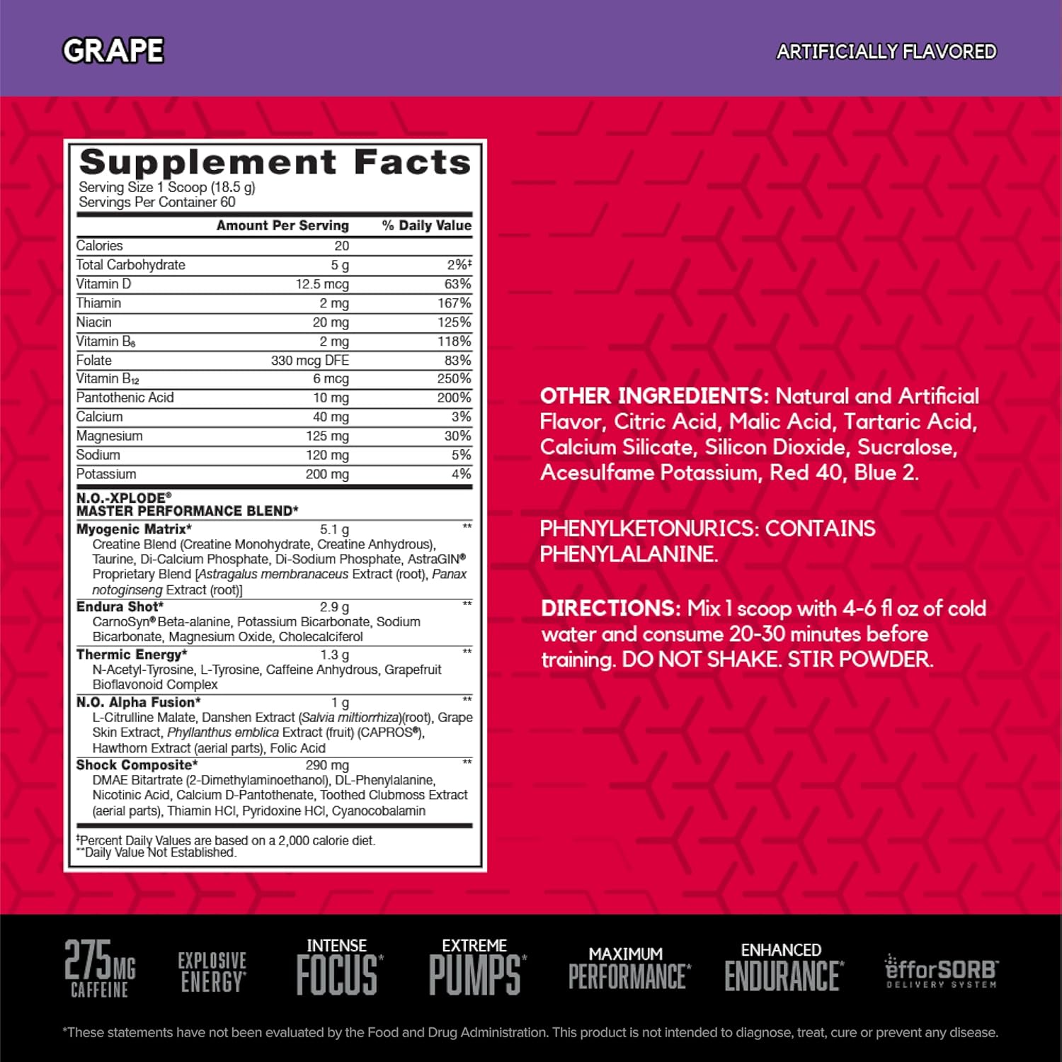 BSN N.O.-XPLODE Grape Pre Workout Powder for Energy, Men and Women, Creatine, Beta-Alanine, 60 Servings