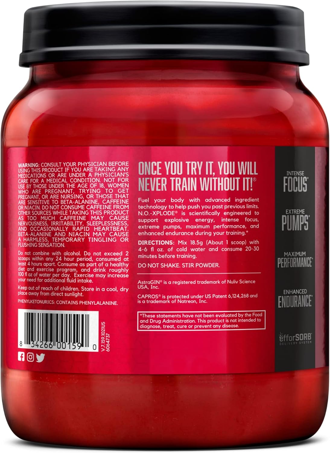BSN N.O.-XPLODE Grape Pre Workout Powder for Energy, Men and Women, Creatine, Beta-Alanine, 60 Servings