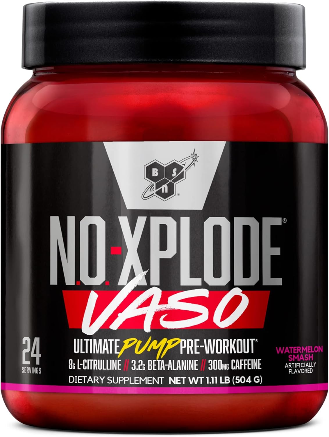 BSN N.O.-XPLODE Vaso Pre Workout Powder - Watermelon Smash Flavor, 8g L-Citrulline, 3.2g Beta-Alanine, Energy Boost - 24 Servings
