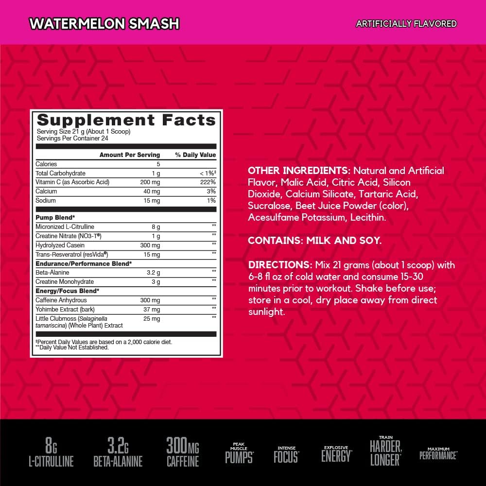 BSN N.O.-XPLODE Vaso Pre Workout Powder - Watermelon Smash Flavor, 8g L-Citrulline, 3.2g Beta-Alanine, Energy Boost - 24 Servings