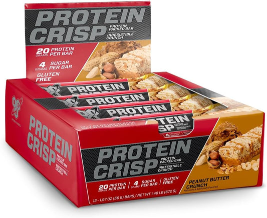 BSN Protein Crisp Bar, Peanut Butter Crunch, 12 Count - Whey Protein & Fiber, Gluten Free Snack Bars