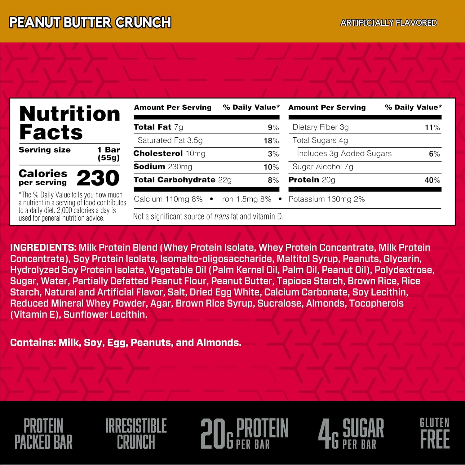 BSN Protein Crisp Bar, Peanut Butter Crunch, 12 Count - Whey Protein & Fiber, Gluten Free Snack Bars