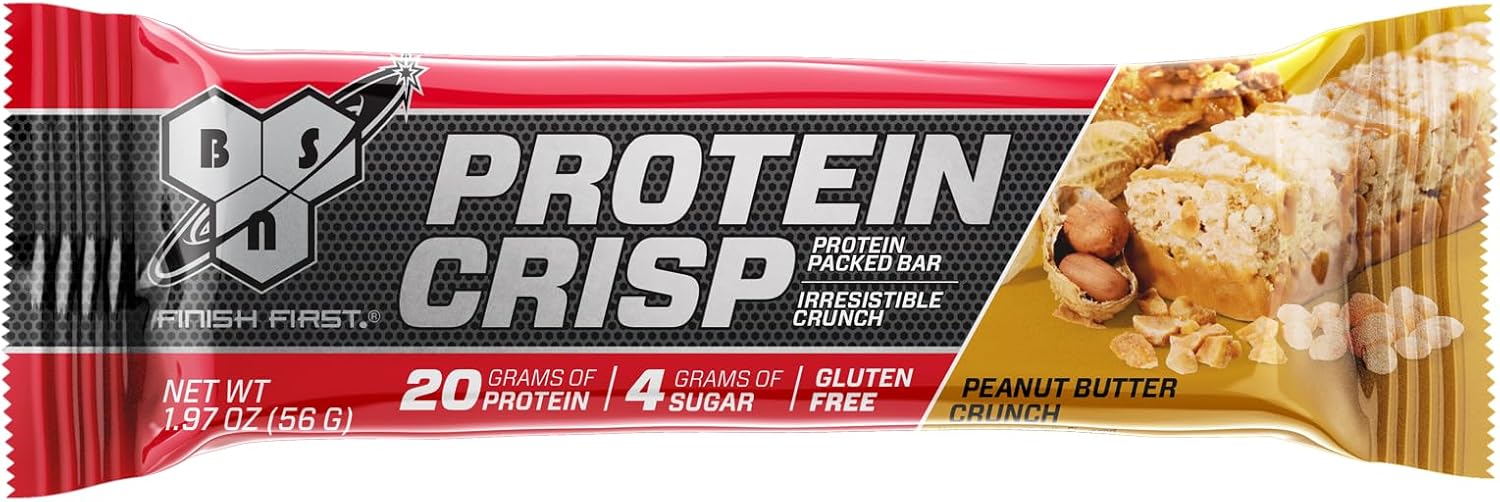 BSN Protein Crisp Bar, Peanut Butter Crunch, 12 Count - Whey Protein & Fiber, Gluten Free Snack Bars