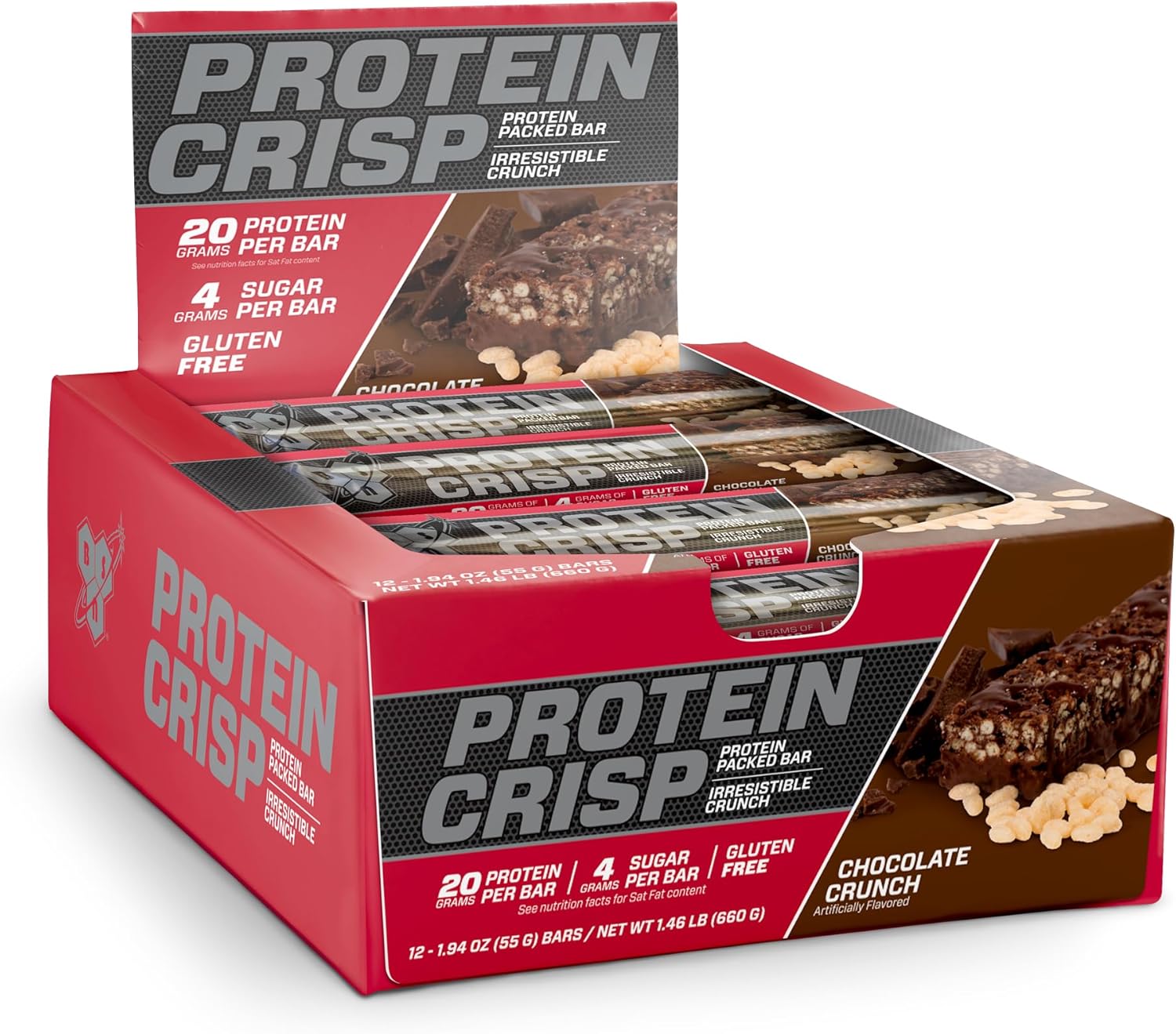 BSN Protein Crisp Bars - Whey Protein & Fiber, Gluten-Free Chocolate Crunch Snack Bars - 12 Count