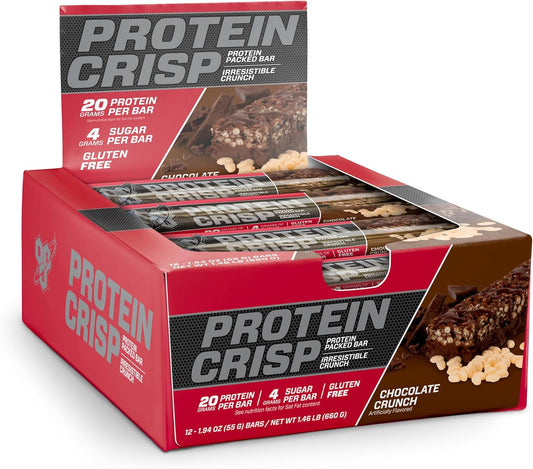 BSN Protein Crisp Bars - Whey Protein & Fiber, Gluten-Free Chocolate Crunch Snack Bars - 12 Count