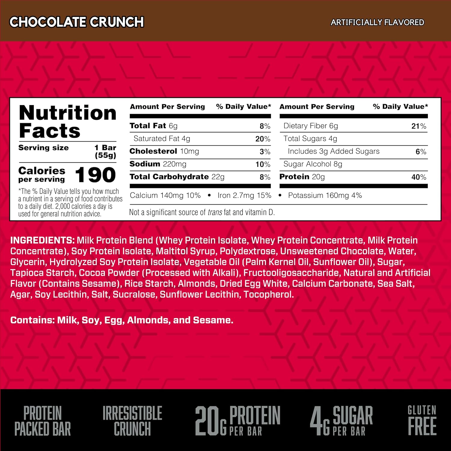 BSN Protein Crisp Bars - Whey Protein & Fiber, Gluten-Free Chocolate Crunch Snack Bars - 12 Count