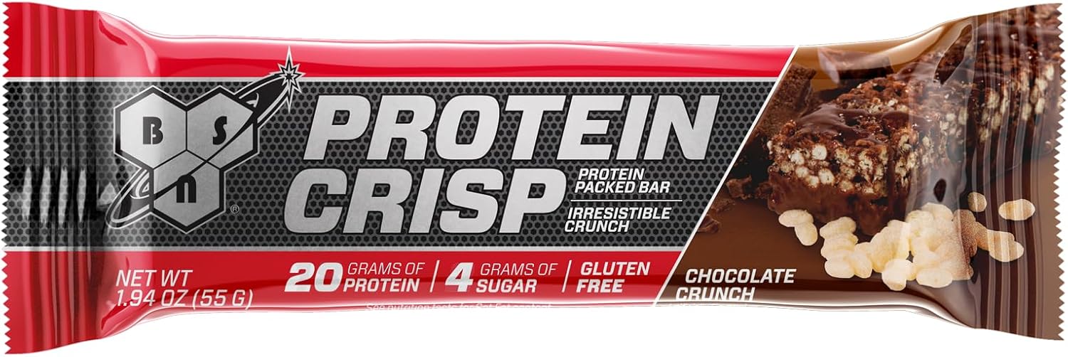 BSN Protein Crisp Bars - Whey Protein & Fiber, Gluten-Free Chocolate Crunch Snack Bars - 12 Count