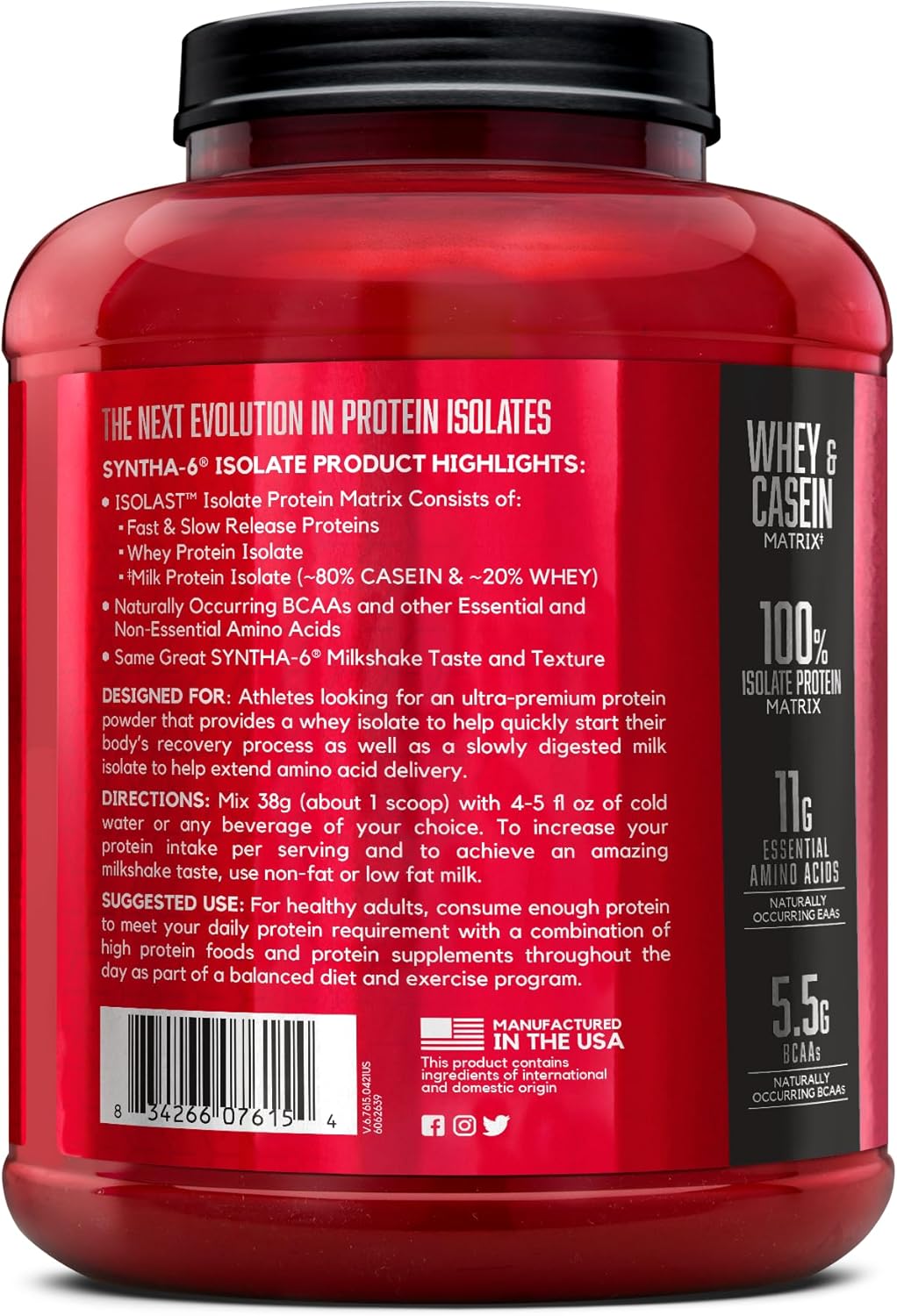 BSN SYNTHA-6 Isolate Strawberry Milkshake Protein Powder - 48 Servings