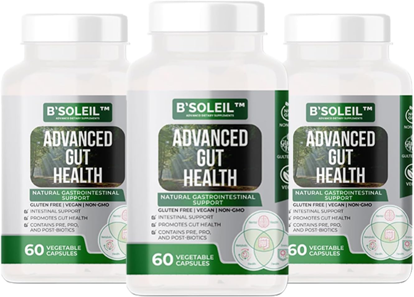 B'Soleil Advanced Gut Health Probiotics Bundle - Pre, Pro & Post Biotics - Natural Gastrointestinal Support - Gluten Free, Vegan & Non-GMO - 25 Billion CFU - 60 Capsules x3