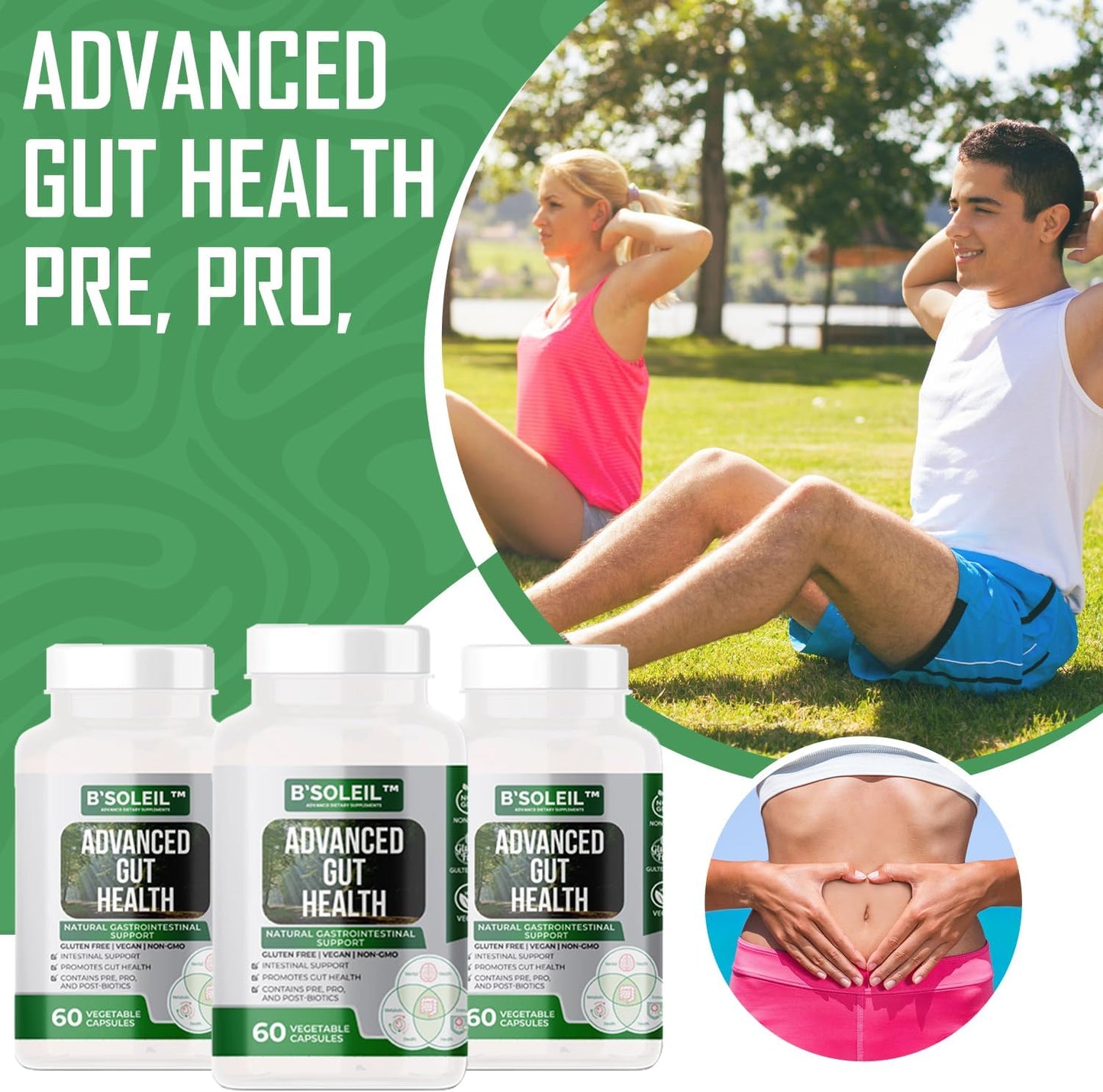B'Soleil Advanced Gut Health Probiotics Bundle - Pre, Pro & Post Biotics - Natural Gastrointestinal Support - Gluten Free, Vegan & Non-GMO - 25 Billion CFU - 60 Capsules x3