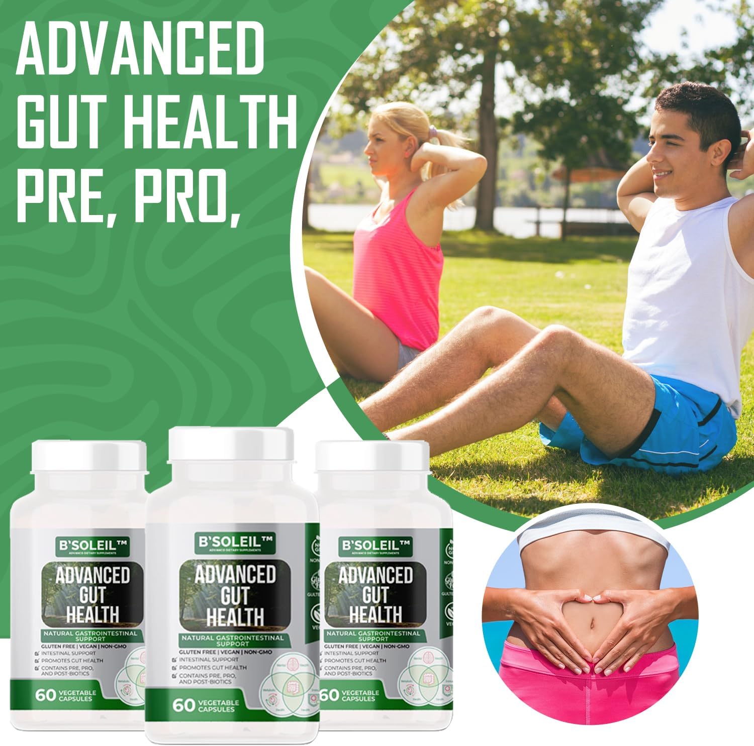 B'Soleil Advanced Gut Health Probiotics Bundle - Pre, Pro & Post Biotics - Natural Gastrointestinal Support - Gluten Free, Vegan & Non-GMO - 25 Billion CFU - 60 Capsules x3