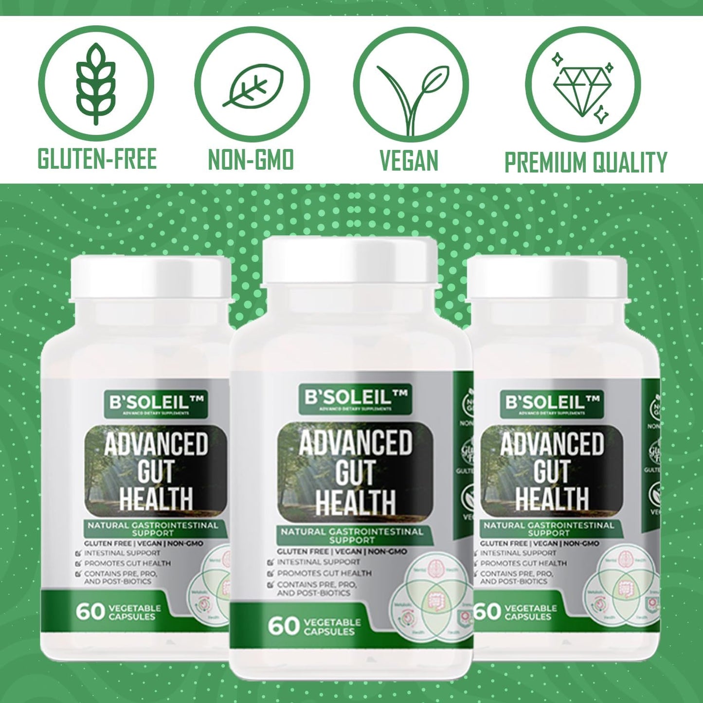 B'Soleil Advanced Gut Health Probiotics Bundle - Pre, Pro & Post Biotics - Natural Gastrointestinal Support - Gluten Free, Vegan & Non-GMO - 25 Billion CFU - 60 Capsules x3