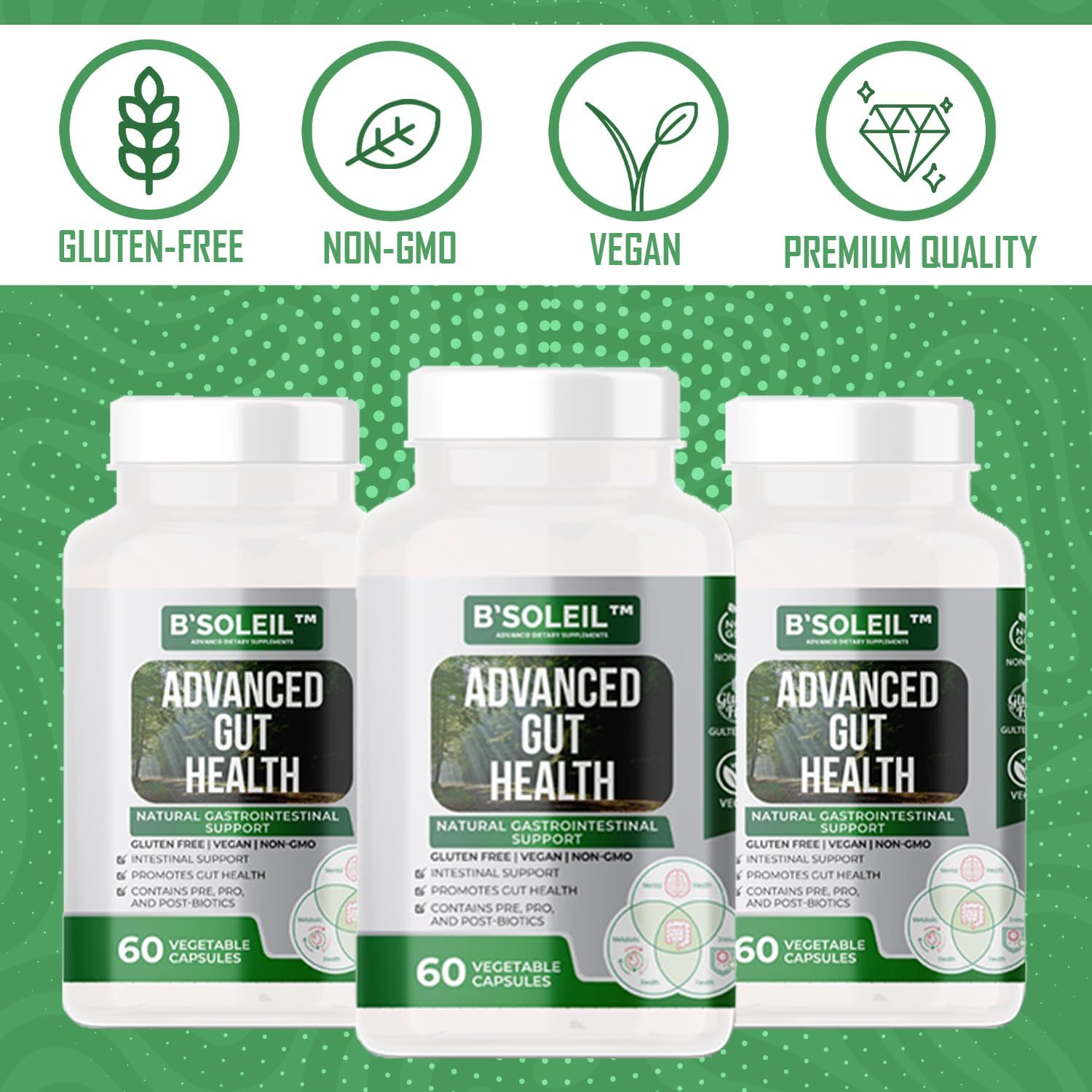 B'Soleil Advanced Gut Health Probiotics Bundle - Pre, Pro & Post Biotics - Natural Gastrointestinal Support - Gluten Free, Vegan & Non-GMO - 25 Billion CFU - 60 Capsules x3