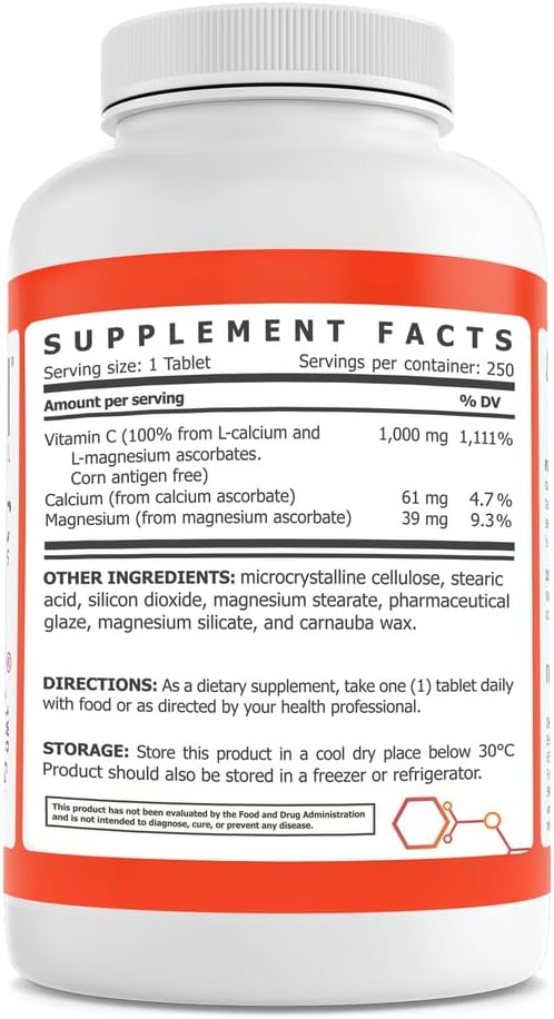 Buffered Vitamin C Tablets for Immune Support - 250 Count Bottle