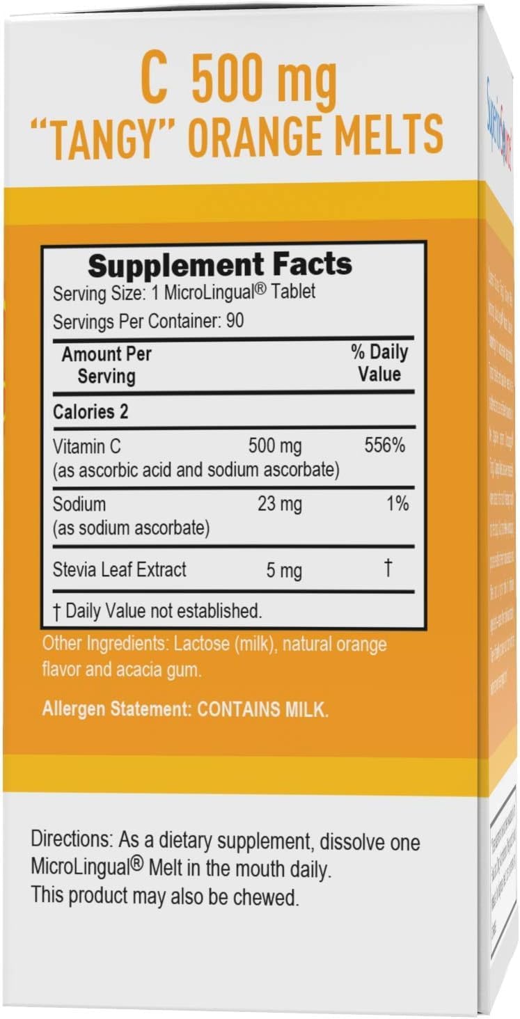 Buffered Vitamin C Tangy Orange Melts - Superior Source 500mg MicroLingual Tablets for Immune System Booster and Energy - 90 Count