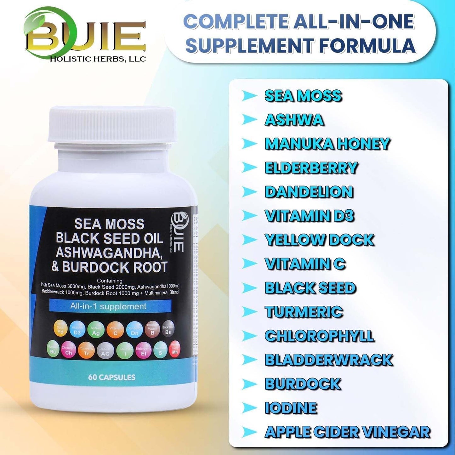 BUIE Sea Moss Capsules - Multi Mineral Blend with Irish Sea Moss, Black Seed, Ashwagandha, Burdock Root, Bladderwrack | 60 Capsules