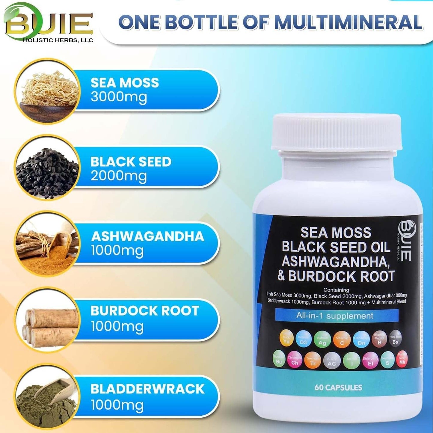 BUIE Sea Moss Capsules - Multi Mineral Blend with Irish Sea Moss, Black Seed, Ashwagandha, Burdock Root, Bladderwrack | 60 Capsules