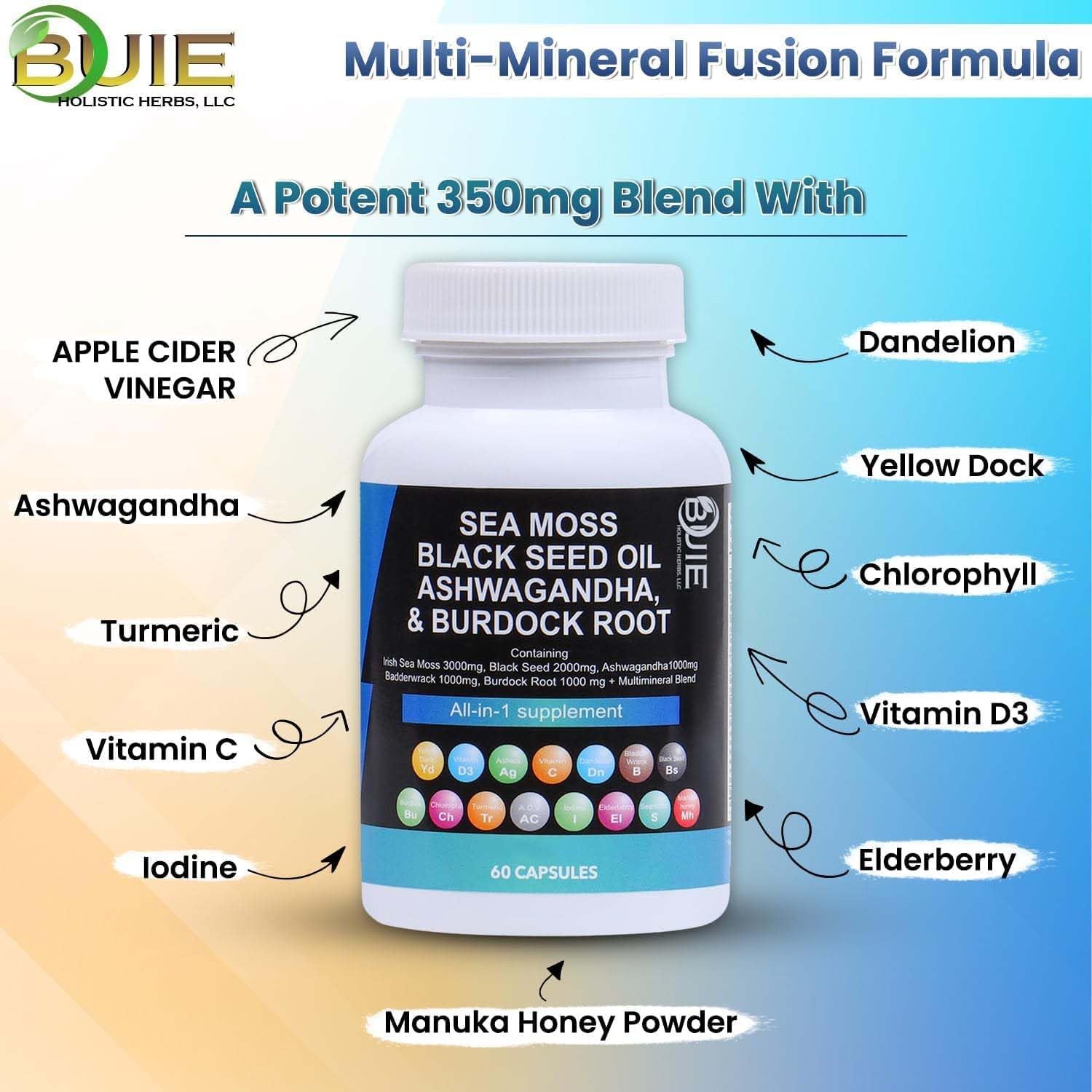 BUIE Sea Moss Capsules - Multi Mineral Blend with Irish Sea Moss, Black Seed, Ashwagandha, Burdock Root, Bladderwrack | 60 Capsules