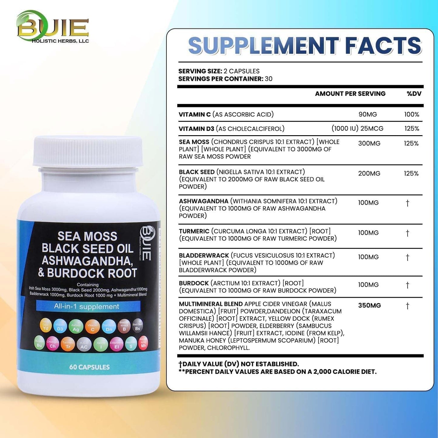 BUIE Sea Moss Capsules - Multi Mineral Blend with Irish Sea Moss, Black Seed, Ashwagandha, Burdock Root, Bladderwrack | 60 Capsules