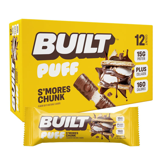 Built Bar BUILT Puffs S'mores Chunk Protein Bars - 15g Protein Snacks, 160 Calories, On-The-Go, 9g Sugar, Collagen - 12 Count Pack