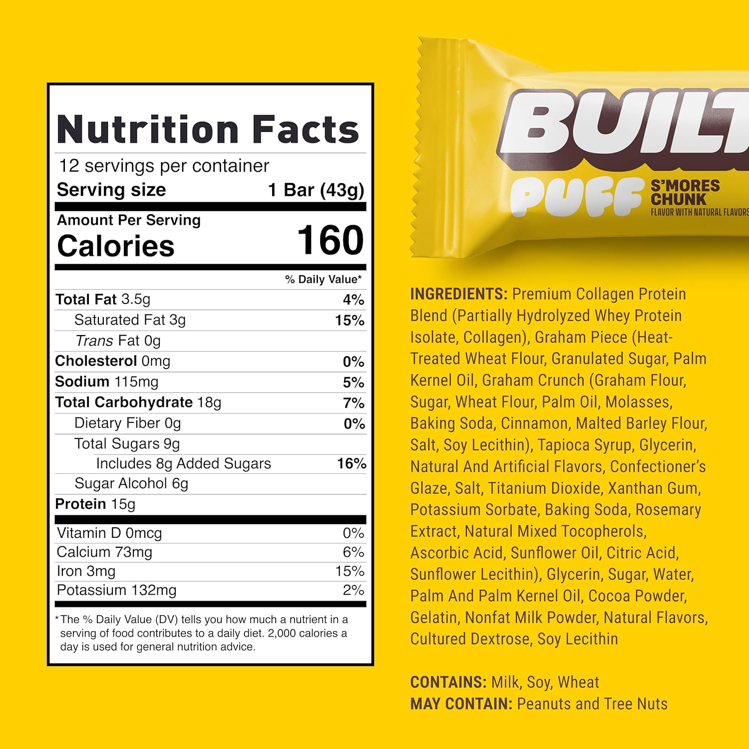 Built Bar BUILT Puffs S'mores Chunk Protein Bars - 15g Protein Snacks, 160 Calories, On-The-Go, 9g Sugar, Collagen - 12 Count Pack