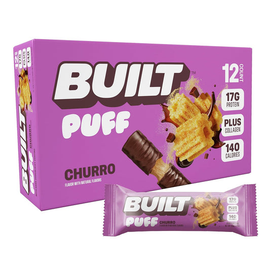 Built Bar Churro Puff Protein Bars - High Protein Snacks with 17g Protein, 140 Calories, 6g Sugar, Collagen, Gluten Free - 12 Count Pack