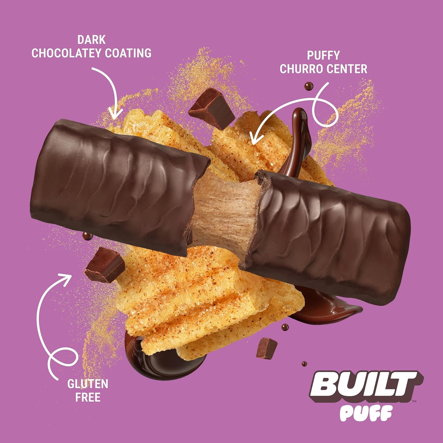Built Bar Churro Puff Protein Bars - High Protein Snacks with 17g Protein, 140 Calories, 6g Sugar, Collagen, Gluten Free - 12 Count Pack