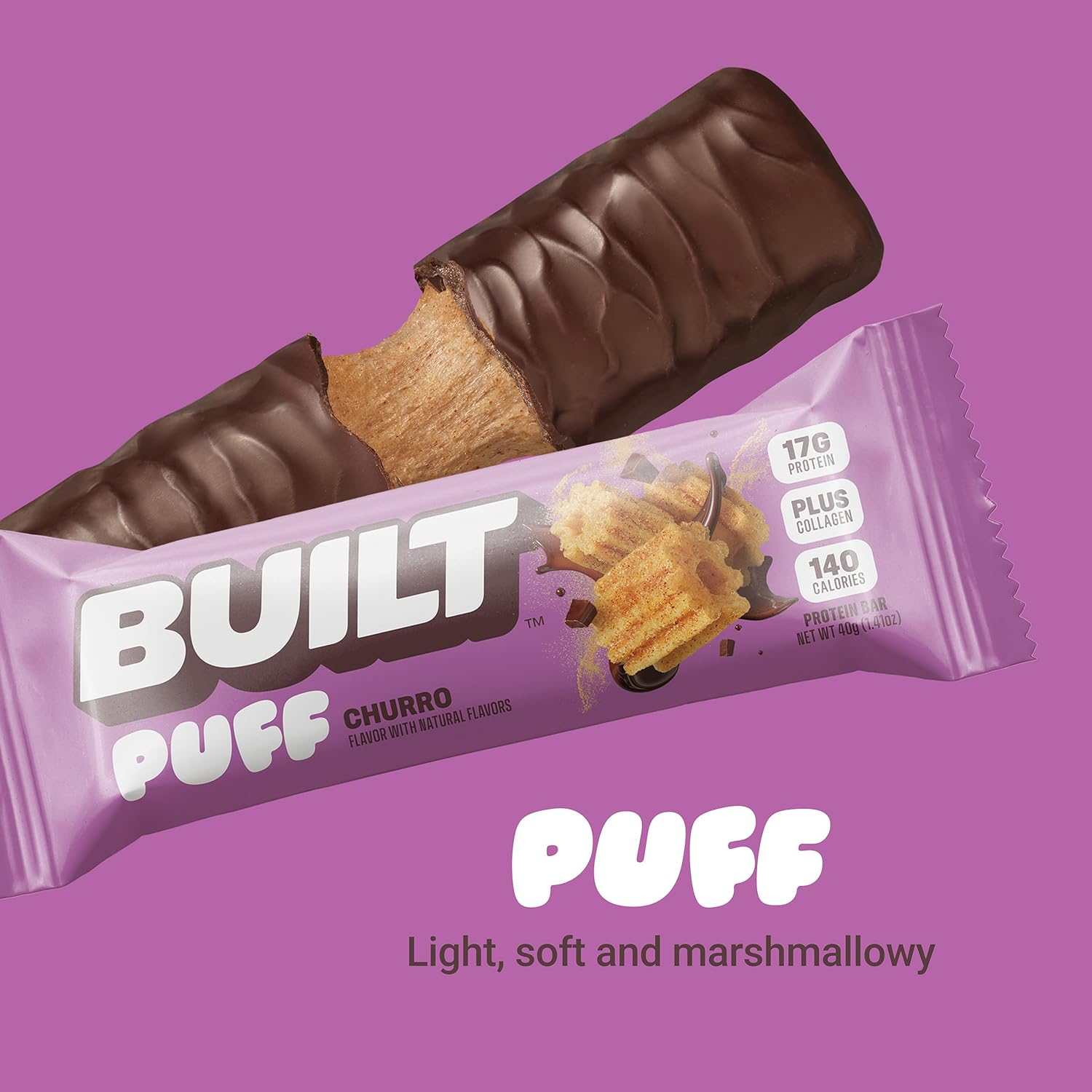 Built Bar Churro Puff Protein Bars - High Protein Snacks with 17g Protein, 140 Calories, 6g Sugar, Collagen, Gluten Free - 12 Count Pack