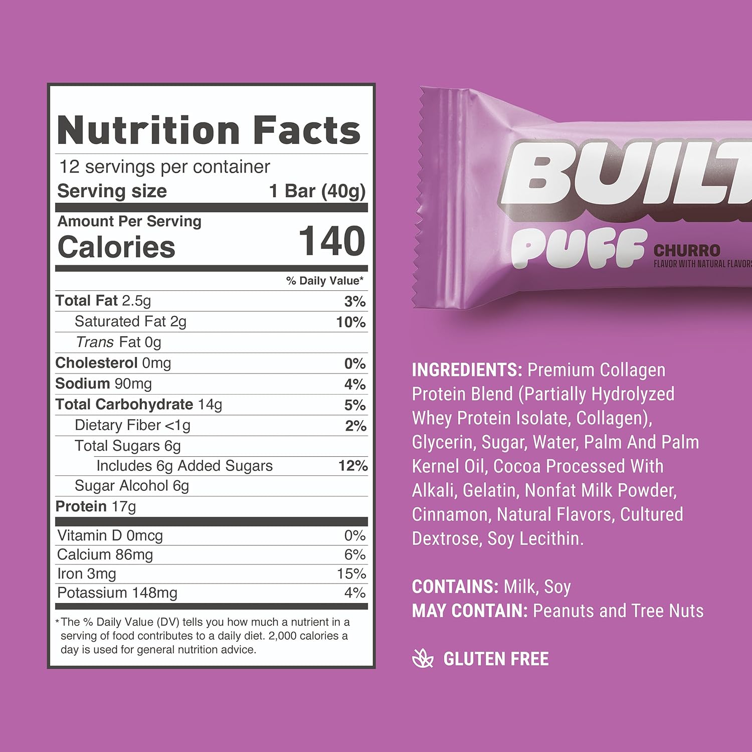 Built Bar Churro Puff Protein Bars - High Protein Snacks with 17g Protein, 140 Calories, 6g Sugar, Collagen, Gluten Free - 12 Count Pack
