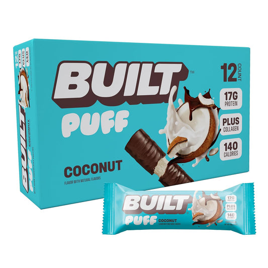 Built Bar Coconut Puff Protein Bars - 17g Protein, 140 Calories, On-The-Go Snacks - Gluten Free, Collagen Infused - 12 Count