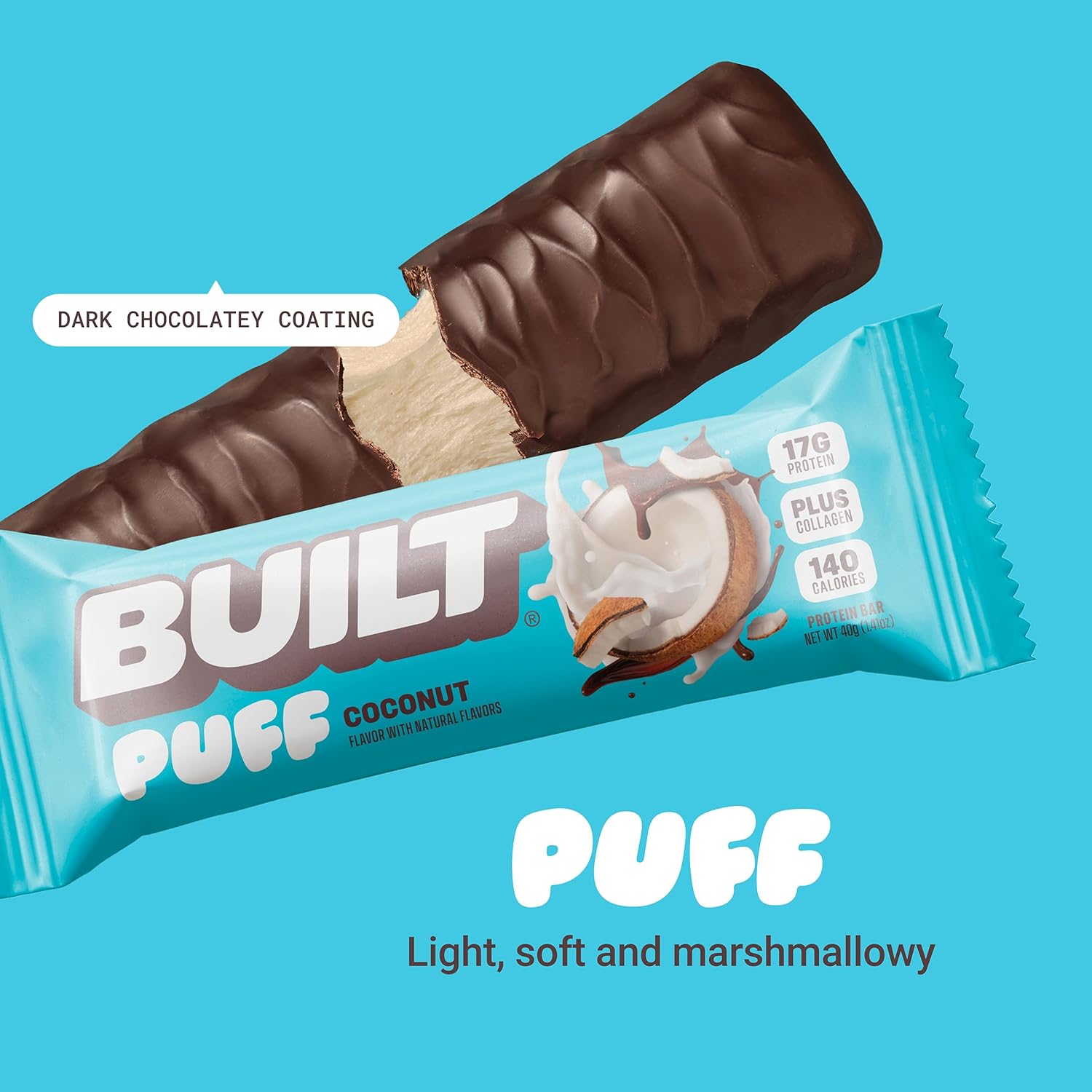 Built Bar Coconut Puff Protein Bars - 17g Protein, 140 Calories, On-The-Go Snacks - Gluten Free, Collagen Infused - 12 Count