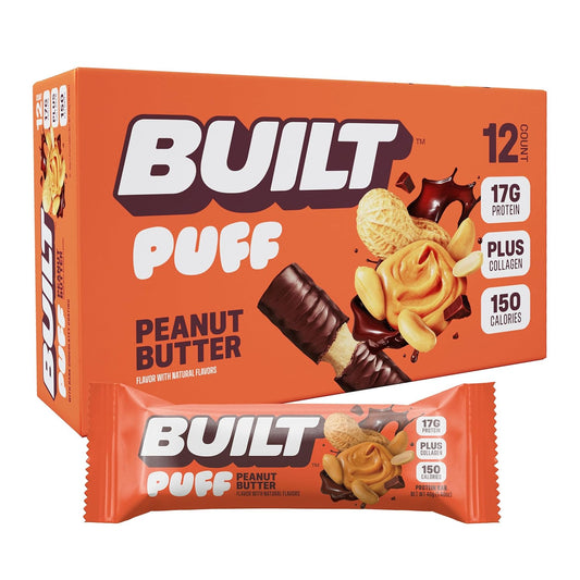 Built Bar Peanut Butter Puff Protein Bars - High Protein Snacks with 17g Protein, 160 Calories, 6g Sugar, Collagen, 12 Count