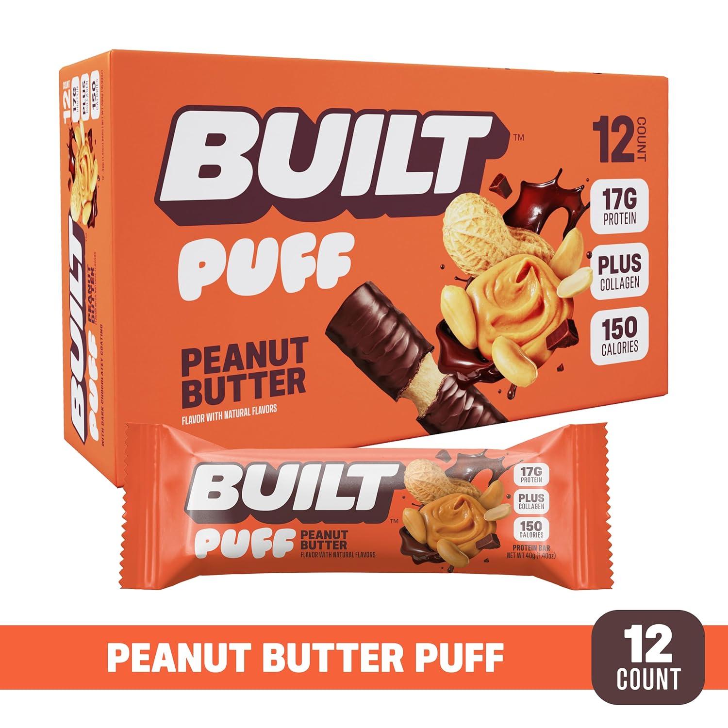 Built Bar Peanut Butter Puff Protein Bars - High Protein Snacks with 17g Protein, 160 Calories, 6g Sugar, Collagen, 12 Count