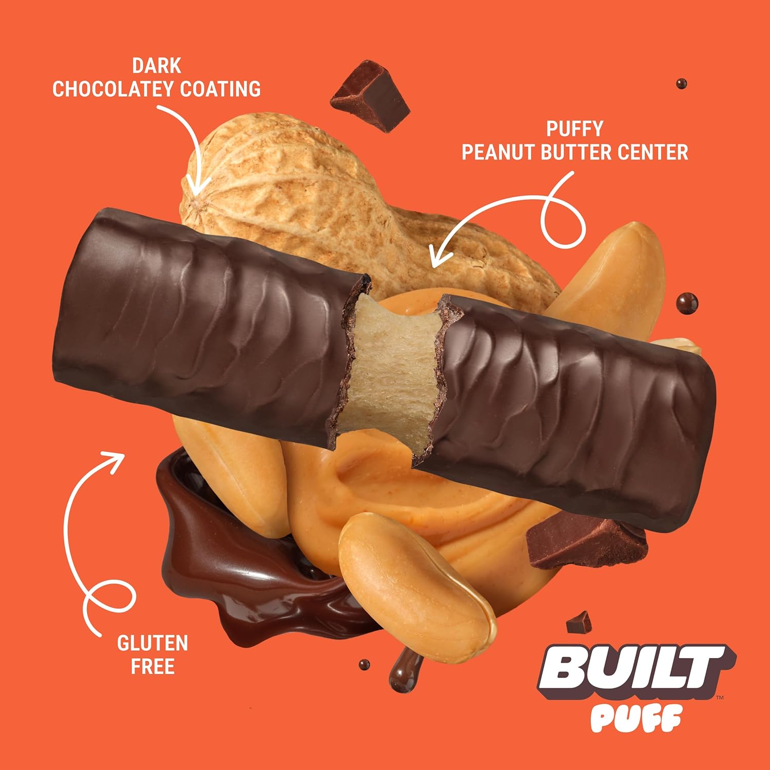 Built Bar Peanut Butter Puff Protein Bars - High Protein Snacks with 17g Protein, 160 Calories, 6g Sugar, Collagen, 12 Count