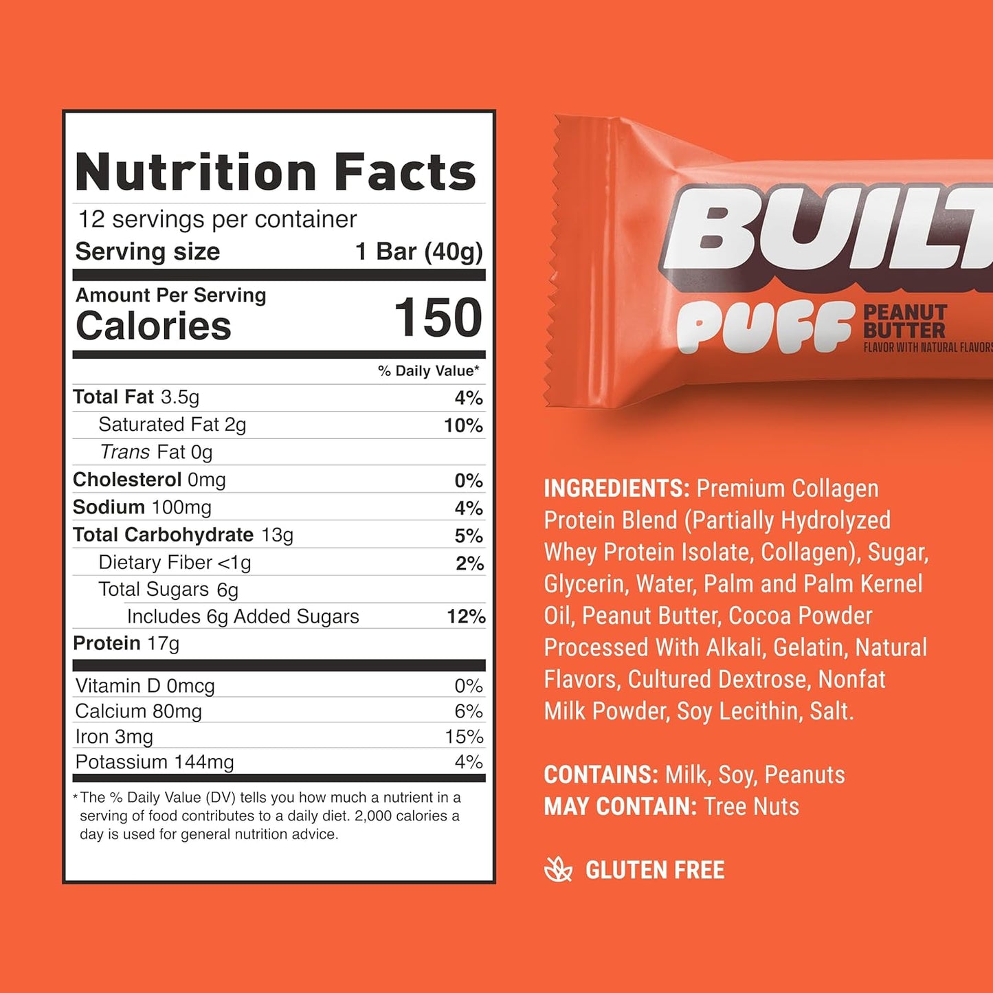 Built Bar Peanut Butter Puff Protein Bars - High Protein Snacks with 17g Protein, 160 Calories, 6g Sugar, Collagen, 12 Count
