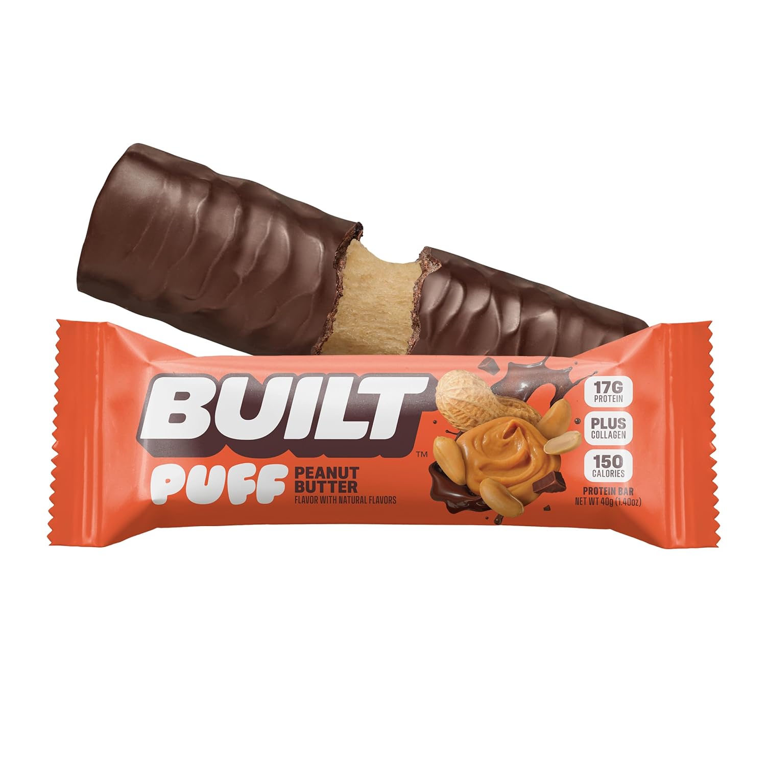 Built Bar Peanut Butter Puff Protein Bars - High Protein Snacks with 17g Protein, 160 Calories, 6g Sugar, Collagen, 12 Count
