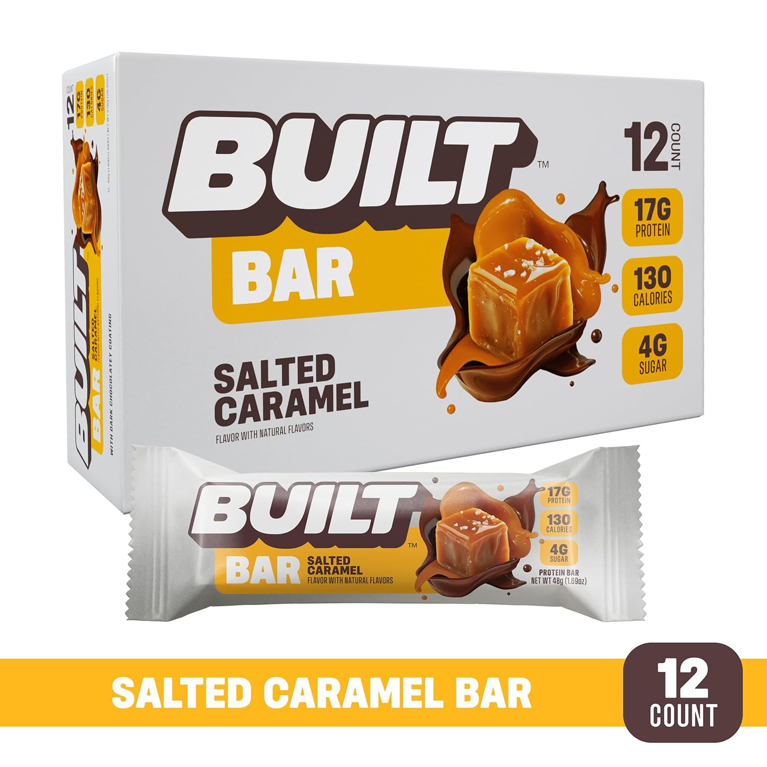 BUILT Bar Salted Caramel: 17g Protein, 130 Calories, On-The-Go Snacks, 12 Count