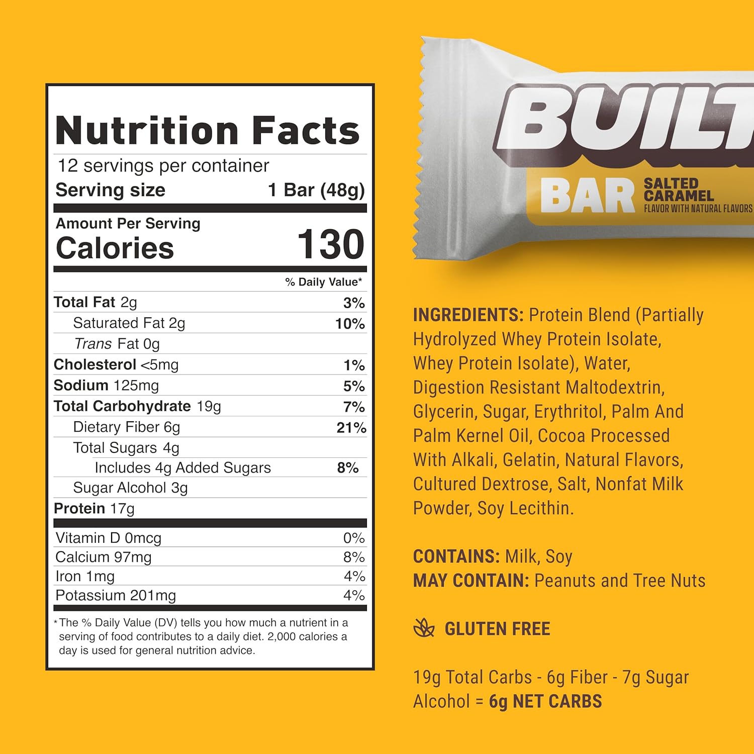 BUILT Bar Salted Caramel: 17g Protein, 130 Calories, On-The-Go Snacks, 12 Count