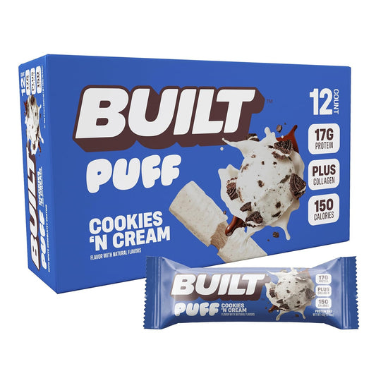 BUILT Puffs Protein Bars, Cookies 'N Cream Puff - 17g Protein, 140 Calories, On-The-Go Snacks - Pack of 12