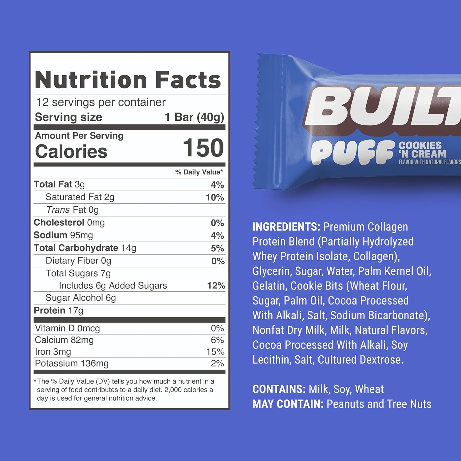 BUILT Puffs Protein Bars, Cookies 'N Cream Puff - 17g Protein, 140 Calories, On-The-Go Snacks - Pack of 12