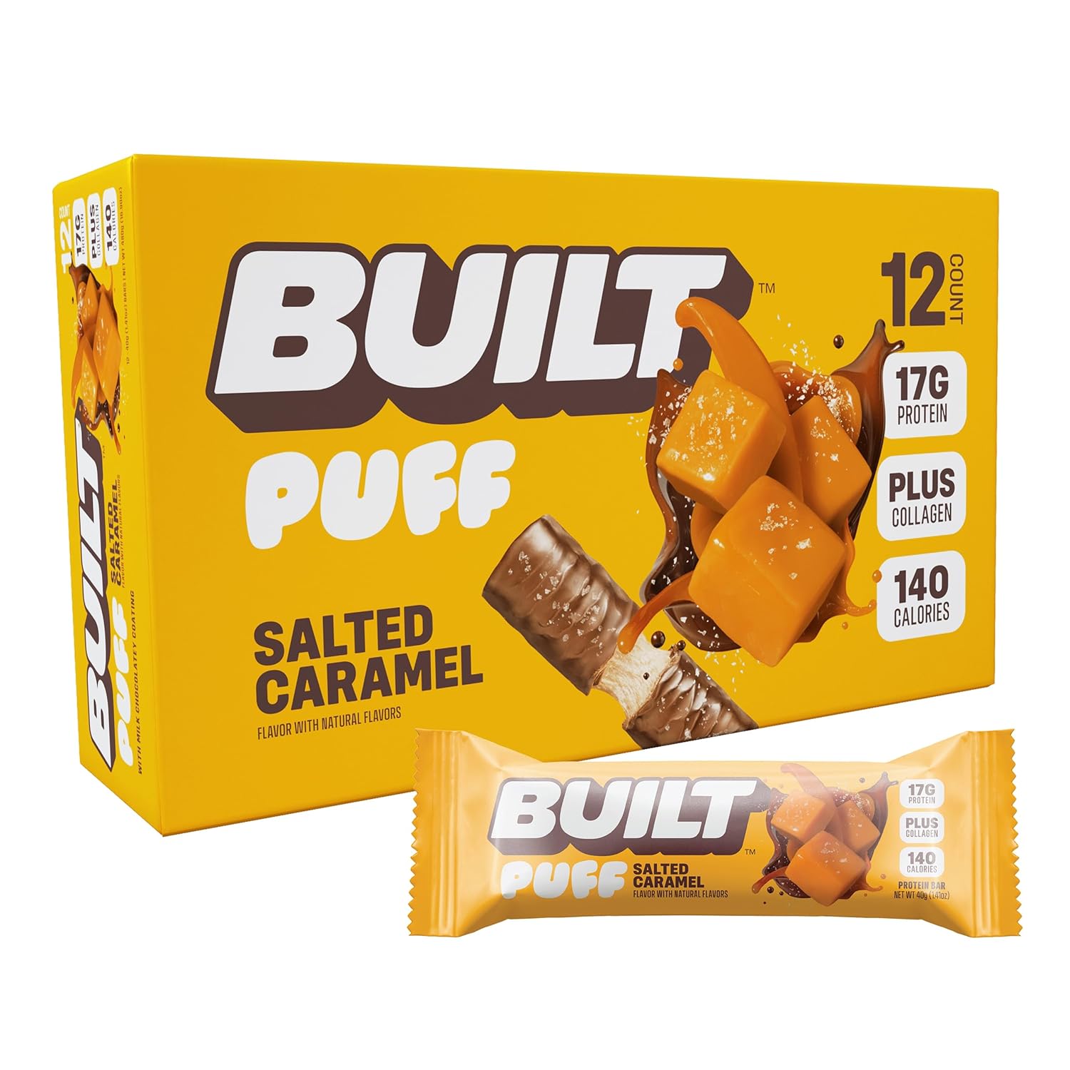 BUILT Salted Caramel Puff Protein Bars - High Protein Snacks, On-The-Go Bars - 140 Calories, 6g Sugar, Collagen - Gluten Free - 12 Count