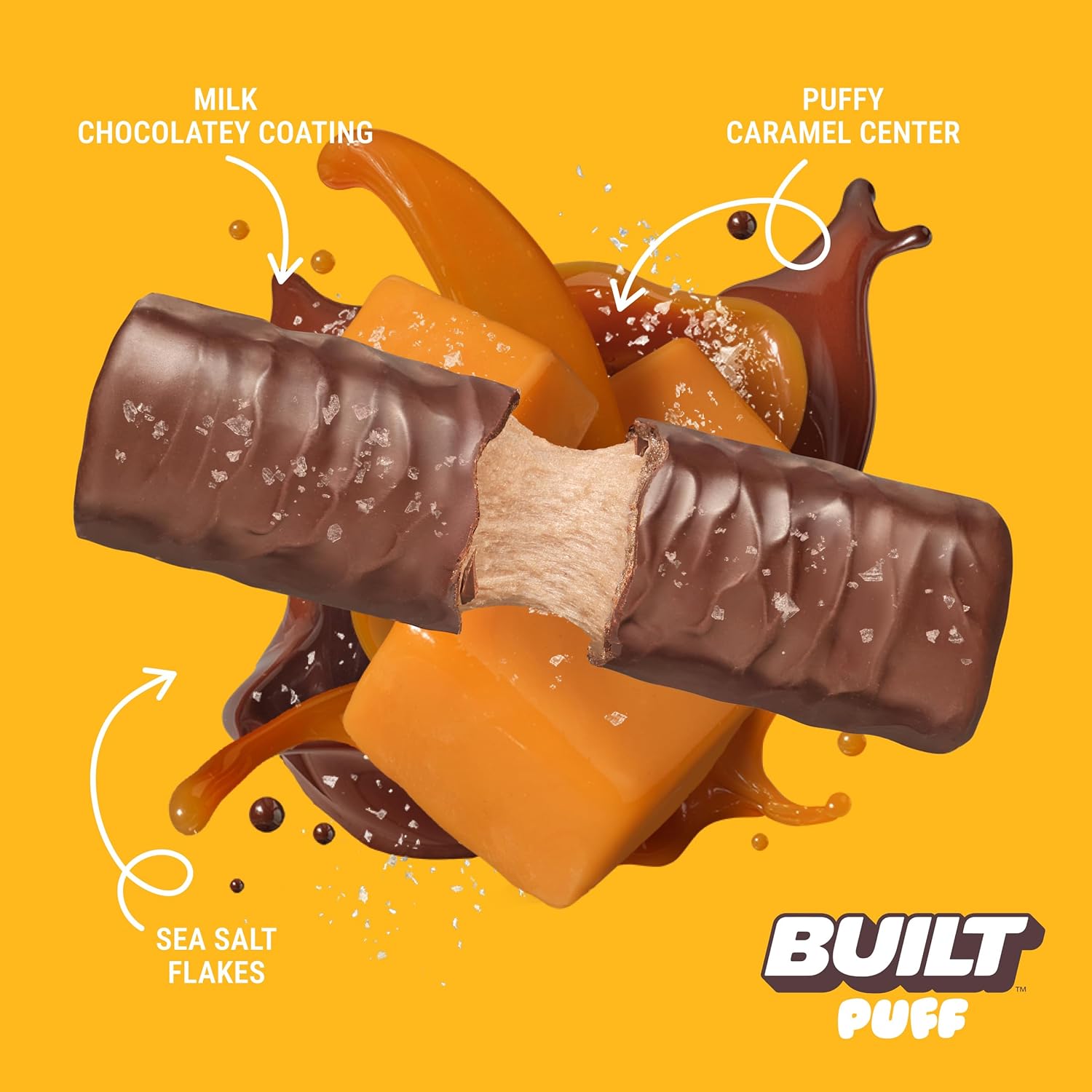 BUILT Salted Caramel Puff Protein Bars - High Protein Snacks, On-The-Go Bars - 140 Calories, 6g Sugar, Collagen - Gluten Free - 12 Count