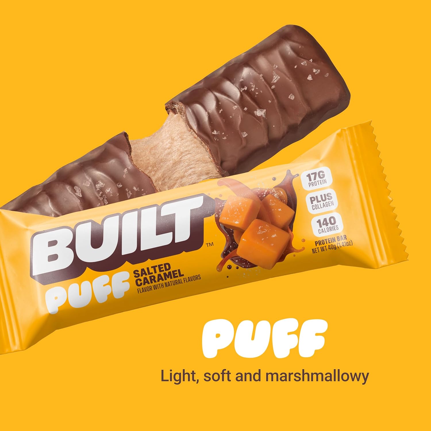 BUILT Salted Caramel Puff Protein Bars - High Protein Snacks, On-The-Go Bars - 140 Calories, 6g Sugar, Collagen - Gluten Free - 12 Count