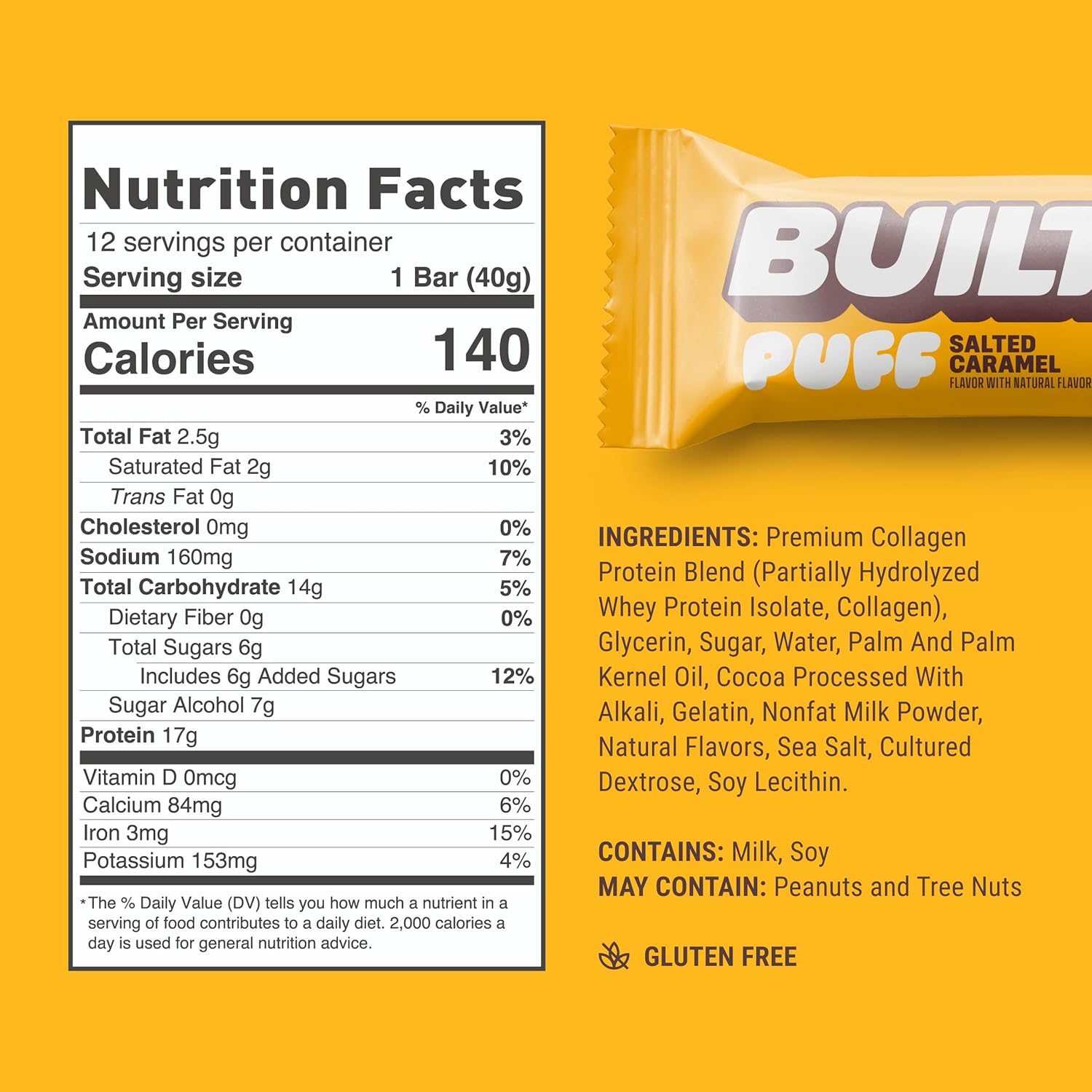 BUILT Salted Caramel Puff Protein Bars - High Protein Snacks, On-The-Go Bars - 140 Calories, 6g Sugar, Collagen - Gluten Free - 12 Count