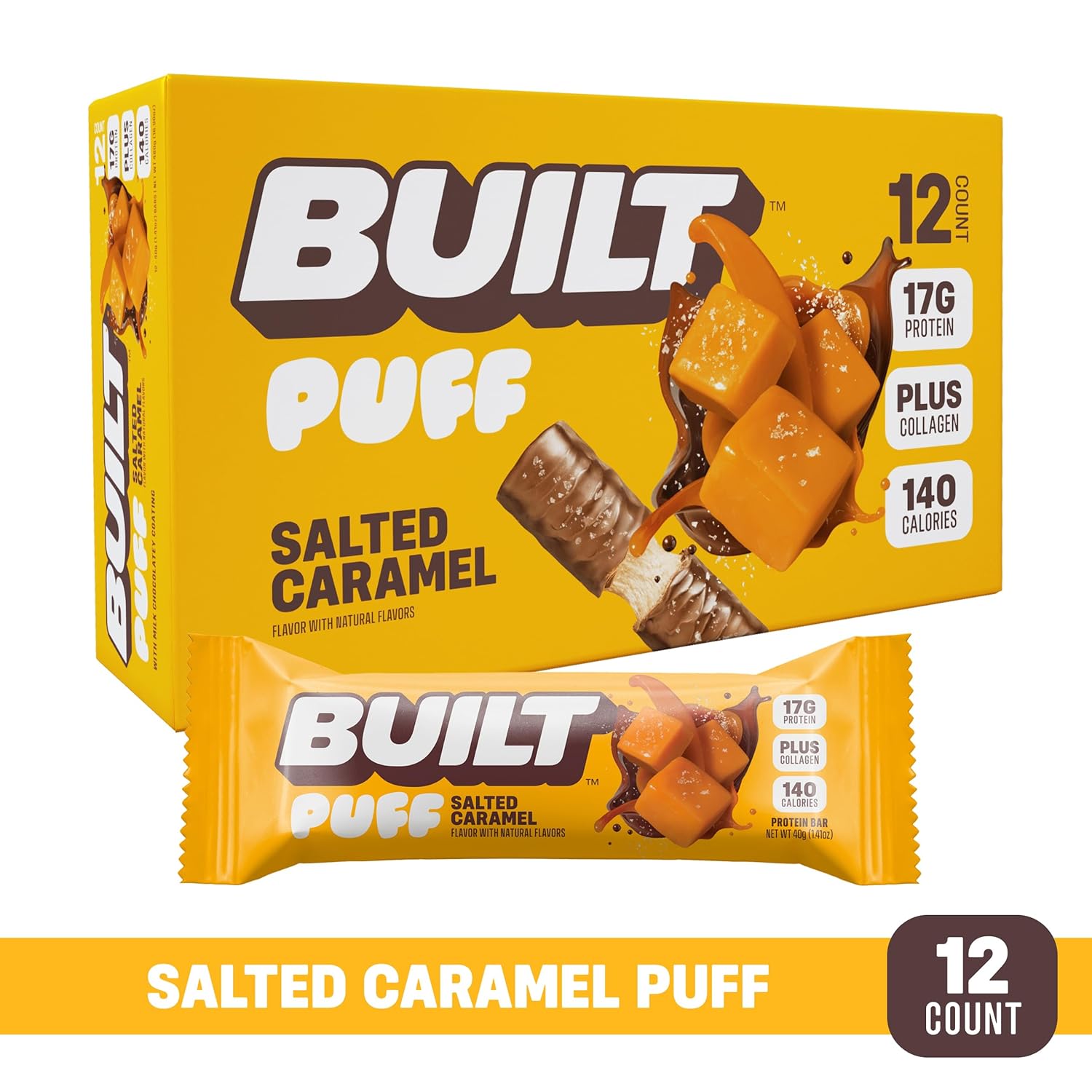 BUILT Salted Caramel Puff Protein Bars - High Protein Snacks, On-The-Go Bars - 140 Calories, 6g Sugar, Collagen - Gluten Free - 12 Count
