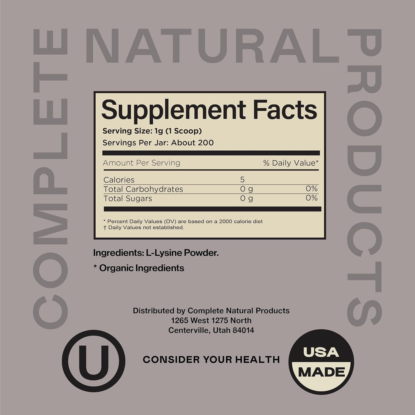 Bulk 8oz L-Lysine Powder Supplement - Natural Product with 200 Servings