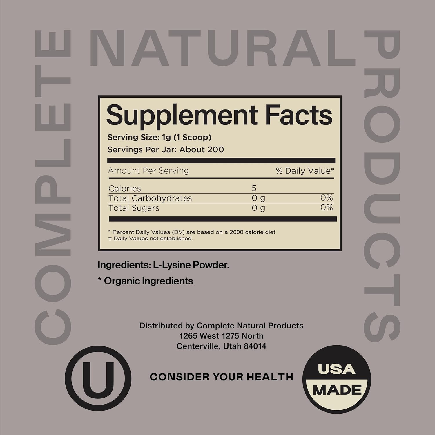 Bulk 8oz L-Lysine Powder Supplement - Natural Product with 200 Servings